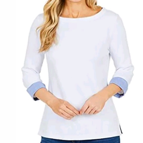 Top 3//4 Cuffed Sleeve New with tags Gray Navy Nautica Womens Chambray Shirt
